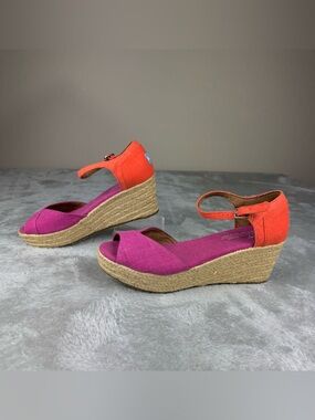 Toms Womens Size 7.5 Sandals Pink & Orange Heel Wedge Espadrille Sandal